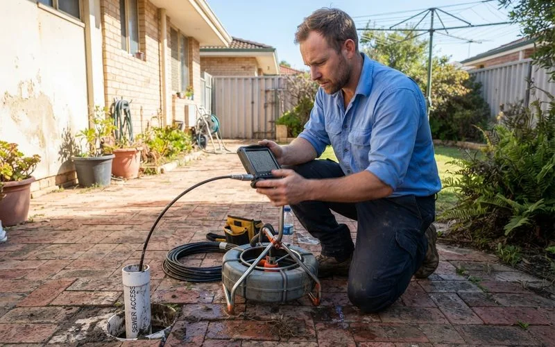 A plumber feeding a drain camera cable into an outdoor gully trap to diagnose a blocked drain, daylight, no text overlays