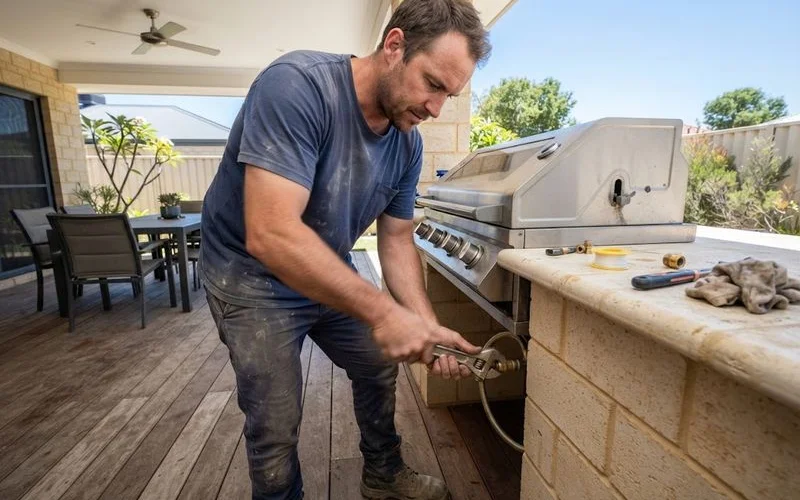 A licensed gas fitter connecting a gas line to a new outdoor BBQ installation on a Perth patio, daylight, no text overlays
