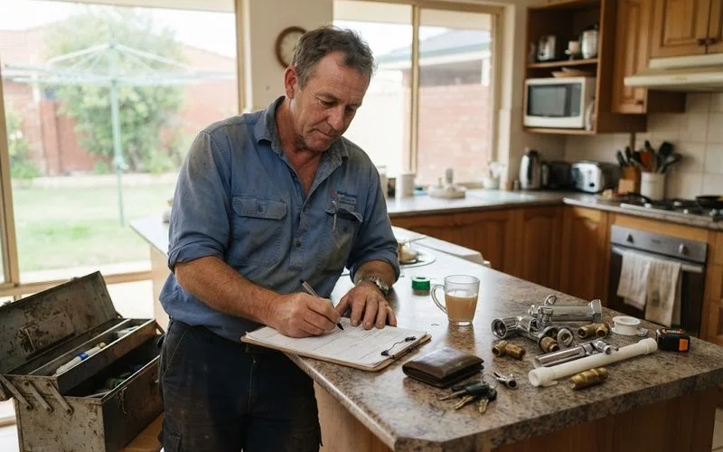 A licensed plumber writing up an itemised quote on a clipboard in a Perth home kitchen, natural daylight, no text overlays